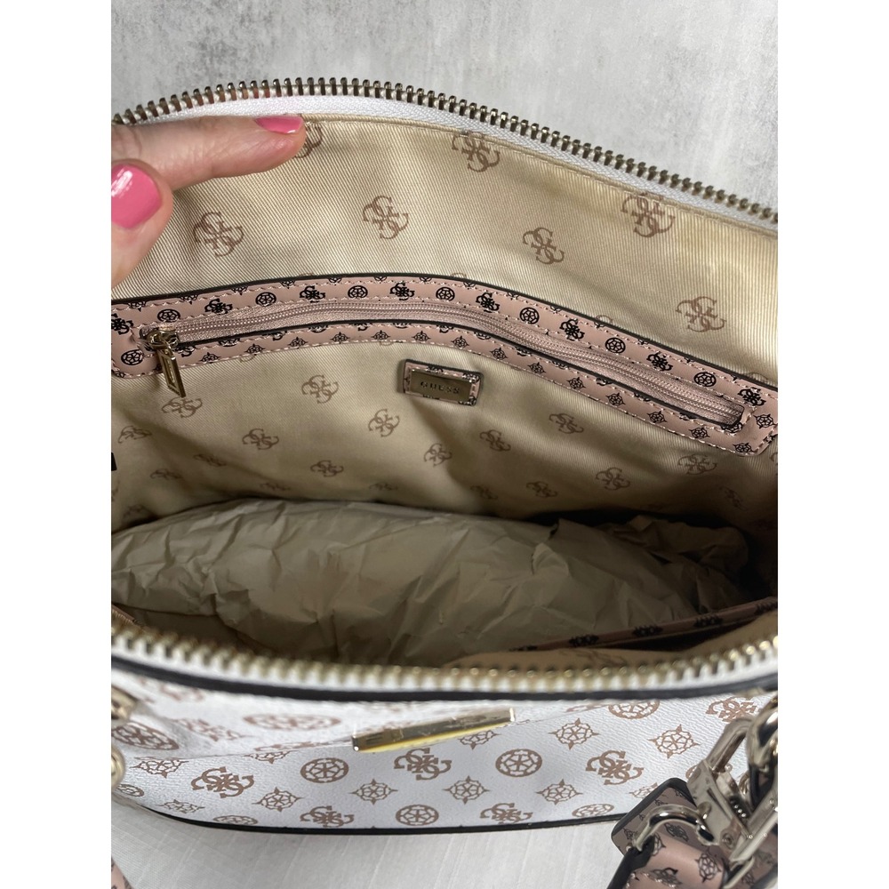 Guess Bella Vita Dome Satchel Handbag White Brown Logo Print Convertible Strap - Picture 8 of 15